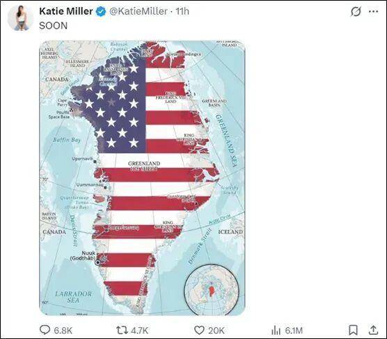 皇冠足球比分_美国白宫高官之妻、保守派网红社媒发帖暗示美国要“拿下格陵兰岛”皇冠足球比分，丹麦驻美大使发声：我们希望丹麦的领土完整能得到充分的尊重