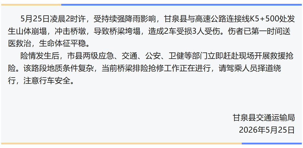 2026世界杯盘口_陕西一公路桥梁垮塌2026世界杯盘口，大量土石方滑落掩埋部分桥面，桥墩几乎被完全遮挡，桥面上疑有车辆；官方通报：造成2车受损3人受伤，伤者已送医